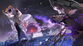 Rule 34 | 3girls, absurdres, aiona (silver and blood), animal, baby animal, blindfold mask, breasts, cape, chinese commentary, commentary request, dagger, flower, from side, grass, highres, holding, holding dagger, holding knife, holding weapon, hole in chest, hole on body, hood, hooded cape, knife, lamb, mask, multiple girls, multiple persona, nebula, outdoors, plant, rafaelaaa, red eyes, sheep, sideboob, silver and blood, sky, space, star (sky), starry-eyed aiona (silver and blood), starry sky, timeless aiona (silver and blood), veil, weapon, white cape, white hair