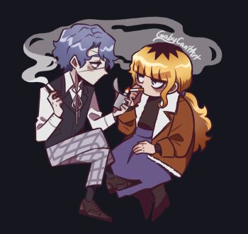 1boy 1girl artist_name black_shirt black_socks black_vest blonde_hair blue_hair blunt_bangs bomber_jacket brown_jacket brown_shoes cigarette collared_shirt commentary crossed_legs daan_(fear_&amp;_hunger) dark_background deformed english_commentary fear_&amp;_hunger_(series) fear_&amp;_hunger_2:_termina full_body gabycantart grey_pants grey_ribbon hair_tie hand_on_lap highres holding holding_cigarette holding_lighter invisible_chair jacket karin_(fear_&amp;_hunger) lighter lighting_cigarette long_hair long_sleeves looking_at_another multicolored_hair neck_ribbon open_clothes open_jacket pants plaid_clothes plaid_pants purple_skirt ribbon roots_(hair) shirt shoes short_hair sitting skirt smoking socks vest white_shirt