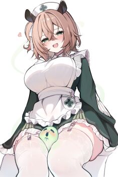 1girl :d absurdres animal_ears apron between_thighs breasts brown_hair contrast_collar dress frilled_apron frills garter_straps green_dress green_eyes hair_between_eyes hat highres indie_virtual_youtuber koahri large_breasts long_sleeves looking_at_viewer name_tag naplings_(nimi_nightmare) nimi_nightmare nimi_nightmare_(1st_costume) nurse nurse_cap one_side_up open_mouth short_hair simple_background sitting skindentation sleeve_slit smile solo tapir_ears tapir_girl teeth thighhighs upper_teeth_only virtual_youtuber white_apron white_background white_thighhighs