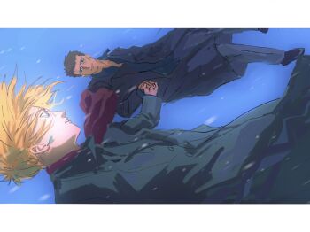 1boy 1girl black_coat blonde_hair blue_eyes brown_hair cher_degre closed_mouth coat commentary earrings english_commentary falling grey_pants highres holding_hands hubb_lebowski jewelry letterboxed looking_at_another mauvh pants parted_lips red_scarf scarf snowing wolf's_rain