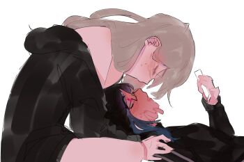 Rule 34 | 2girls, bare shoulders, black hair, black hoodie, blue hair, blush, brown hair, cellphone, closed eyes, commentary, ear blush, hand on another's face, highres, holding, holding phone, hood, hoodie, long hair, multicolored hair, multiple girls, original, phone, pink eyes, pockiseisont, semi-rimless eyewear, simple background, smartphone, sweat, two-tone hair, under-rim eyewear, white background, yuri