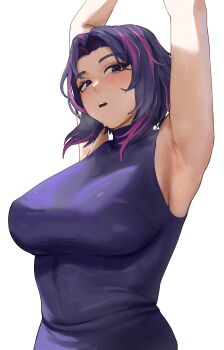 Rule 34 | 1girl, absurdres, armpits, arms up, boku no hero academia, breasts, highres, lady nagant, large breasts, looking at viewer, medium hair, multicolored hair, nisakusa, open mouth, pink hair, purple eyes, purple hair, simple background, sleeveless turtleneck dress, solo, streaked hair, sweat, two-tone hair, upper body, white background
