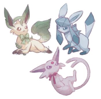 blue_eyes bow bowtie bright_pupils brown_eyes espeon gen_2_pokemon gen_4_pokemon glaceon green_bow green_bowtie highres leafeon lying mozu_(teluto) nintendo no_humans open_mouth pokemon pokemon_(creature) pokemon_focus purple_eyes simple_background smile white_background white_pupils