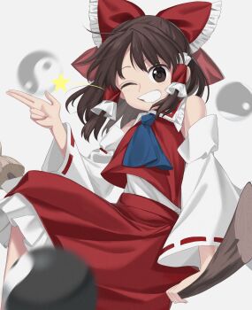 1girl ascot blue_ascot bow broom broom_riding brown_eyes brown_hair commentary_request detached_sleeves frilled_bow frilled_hair_tubes frills grin hair_bow hair_tubes hakurei_reimu highres keiki8296 long_hair looking_at_viewer one_eye_closed orb red_bow red_skirt ribbon-trimmed_sleeves ribbon_trim skirt skirt_set smile solo touhou yin_yang yin_yang_orb