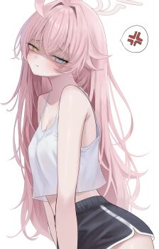 Rule 34 | 1girl, :t, absurdres, ahoge, alternate costume, anger vein, black shorts, blue archive, blue eyes, camisole, closed mouth, collarbone, cowboy shot, crossed bangs, dolphin shorts, hair between eyes, halo, heterochromia, highres, hoshino (blue archive), long hair, looking at viewer, non non427, partially shaded face, pink hair, pink halo, pout, short shorts, shorts, solo, spoken anger vein, very long hair, white camisole, yellow eyes