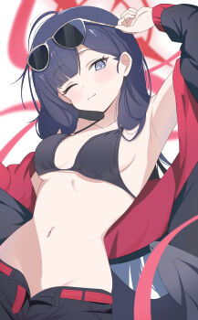 1girl absurdres arm_up armpits belt bikini bikini_bottom_under_shorts bikini_under_clothes black_bikini black_hair black_jacket black_shorts black_wings blue_archive eyewear_on_head feathered_wings halo highres ichika_(blue_archive) ichika_(swimsuit)_(blue_archive) jacket kanimiso30601 long_hair looking_at_viewer low_wings o-ring o-ring_bikini o-ring_top official_alternate_costume one_eye_closed open_clothes open_jacket open_shorts red_belt red_halo shorts smile solo sunglasses swimsuit wings