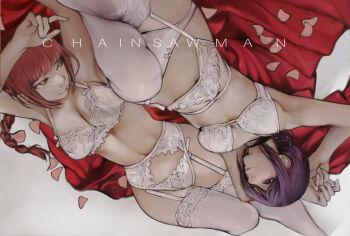 2girls armpits arms_up bow bow_panties bra braid braided_ponytail breasts chainsaw_man commentary copyright_name crotch_seam garter_belt large_breasts linea_alba lingerie lying makima_(chainsaw_man) medium_breasts multiple_girls nyami on_back panties petals purple_hair red_hair reze_(chainsaw_man) stomach underwear underwear_only white_bra white_garter_belt white_panties