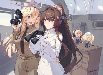 Rule 34 | 4girls, alternate costume, binoculars, black necktie, blonde hair, blue eyes, breast pocket, breasts, brown hair, brown jacket, brown pants, cherry blossoms, commentary request, dixie cup hat, epaulettes, fairy (kancolle), flower, gloves, hair between eyes, hair flower, hair intakes, hair ornament, hat, headgear, headphones, highres, himeyamato, holding, holding binoculars, huge breasts, indoors, iowa (kancolle), jacket, kantai collection, large breasts, long hair, long sleeves, military hat, military uniform, mini person, minigirl, multiple girls, naval dress uniform, naval uniform, necktie, one eye closed, pants, pocket, ponytail, red eyes, revision, sidelocks, size difference, standing, star-shaped pupils, star (symbol), symbol-shaped pupils, twintails, very long hair, white gloves, white jacket, yamato (kancolle)