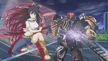 1girl 3d 3d_background apharmd asymmetrical_clothes bare_arms belt black_hair blue_pants blue_sky boots breasts brown_belt brown_boots building choppy_bangs closed_mouth cloud cloudy_sky commentary cowboy_shot dengeki_online denim fighting_stance full_body game_screenshot_background haimura_kiyotaka hair_ribbon high_ponytail holding holding_sword holding_weapon humanoid_robot jeans kanzaki_kaori katana knee_boots large_breasts long_hair long_sidelocks looking_at_viewer magic_circle mecha midriff navel official_art ootachi outdoors pants ponytail purple_eyes ready_to_draw ribbon road robot scabbard science_fiction screenshot_background sheath shichiten_shichitou shirt short_sleeves sidelocks single_pantsleg sky squatting stomach sword tied_shirt toaru_majutsu_no_index toaru_majutsu_no_virtual-on v-shaped_eyebrows very_long_hair virtual_on weapon white_ribbon white_shirt