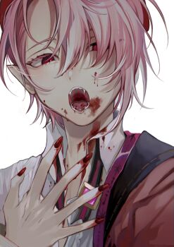 1boy aster_(nu_carnival) blood commentary_request fangs fingernails highres long_fingernails male_focus nu_carnival pink_hair pointy_ears solo vampire zuix