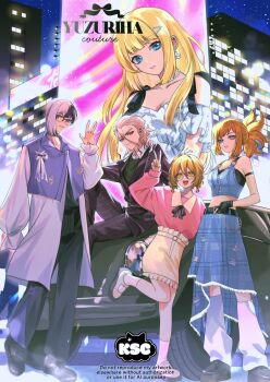 2boys 3girls asagiri_gen bare_shoulders belt black_belt black_gloves black_hair black_pants black_ribbon blonde_hair blue_eyes blue_skirt breasts building car choker cleavage closed_mouth coat collared_shirt copyright_name crop_top dr._stone dress earrings formal_clothes frills full_body glasses gloves hair_ornament hair_slicked_back hairclip highres ishigami_senkuu jacket jewelry kohaku_(dr._stone) kuraschuu long_hair long_skirt long_sleeves looking_at_viewer loose_socks midriff motor_vehicle multicolored_hair multiple_boys multiple_girls navel necklace night open_mouth orange_hair pants parted_lips pink_shirt pink_skirt pink_sweater plaid_clothes plaid_skirt ponytail ribbon ruri_(dr._stone) shirt shoes short_hair sitting skirt sky smile socks split-color_hair standing standing_on_one_leg suika_(dr.stone) suit sweater teeth triangle_earrings two-tone_hair v vest virtual_youtuber white_coat white_dress white_hair white_shirt white_socks yellow_eyes yellow_skirt