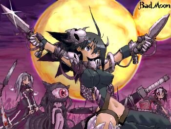 4girls aliasing battlefield black_hair blood bottomless breasts dual_wielding flat_chest holding impossible_clothes large_breasts magic:_the_gathering monster_girl moon multiple_girls multiple_moons navel night outdoors purple_eyes scythe sword third_eye weapon white_hair yone88 yonezuka_ryou