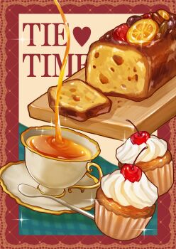 absurdres bread cake cherry commentary_request cup cupcake food food_focus fruit heart hi_hiiii highres no_humans orange_(fruit) orange_slice original saucer spoon tea teacup whipped_cream
