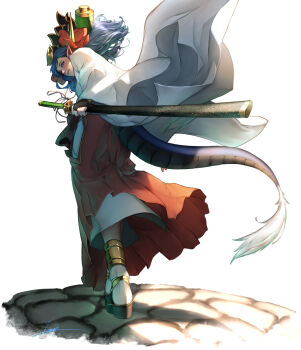 1girl absurdres blue_hair character_request from_behind from_below hakama highres japanese_clothes kimono long_hair pointy_ears red_hakama sheath sheathed shinrabanshou simple_background solo sword tail teppu_tora walking weapon white_background white_kimono