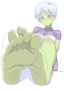 1girl absurdres barefoot blush cheelai dragon_ball dragon_ball_super feet highres light_smile looking_at_viewer nush_advance pink_eyes short_hair soles toes white_hair
