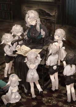 4boys 4girls absurdres apron backless_dress backless_outfit black_bow black_bowtie black_footwear black_shirt black_shorts black_skirt blue_eyes book bookshelf boots bow bowtie braid carpet chair child closed_eyes closed_mouth curly_hair dress goat gold_buttons green_apron grey_hair hair_ornament headpat highres long_hair long_skirt long_sleeves monocle multiple_boys multiple_girls on_chair original puffy_sleeves purple_bow purple_ribbon reading ribbon senri_(rnd_024) shirt shorts sitting skirt smile surrounded turning_page white_dress white_ribbon white_shirt wolf wooden_floor x_hair_ornament