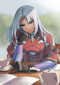 1girl black_gloves blue_eyes book breasts chair commentary commission cup dark_skin elma_(xenoblade_x) gloves hand_on_own_cheek hand_on_own_face ini4illust jacket long_hair looking_at_viewer monolith_soft nintendo open_book outdoors red_jacket short_sleeves sitting skeb_commission smile table tea teacup teapot white_hair wooden_chair wooden_table xeno_(series) xenoblade_chronicles_(series) xenoblade_chronicles_x