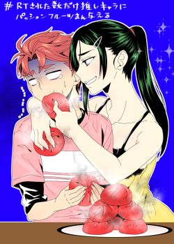 1boy 1girl blank_eyes blush casual feeding food force-feeding grin hair_ornament ikuhashi_muiko irei_mizuka long_hair mature_female ponytail red_hair robotics;notes science_adventure smile tearing_up yashio_kaito