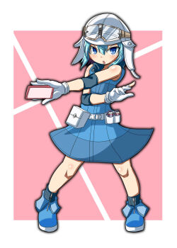 1boy 2channel 2channel_(/livejupiter/) aile-kun asahi_(megami_tensei) asahi_(megami_tensei)_(cosplay) belt belt_pouch blue_dress blue_eyes blue_hair blue_shorts blush commentary_request compression_sleeve cosplay crossdressing crossdressing_(mtf) dress full_body gloves goggles goggles_on_headwear grey_hat hat helmet highres itini-sanshi looking_at_viewer male_focus open_mouth pith_helmet pouch shin_megami_tensei shin_megami_tensei_iv_final short_dress short_hair shorts sleeveless sleeveless_dress solo standing trap white_belt white_gloves