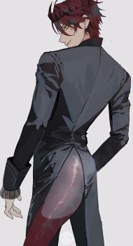 1boy absurdres arm_at_side artist_logo black_coat black_pants coat commentary cowboy_shot cracked_skin crown dinosaur_boy dinosaur_tail earclip earrings english_commentary frilled_sleeves frills from_side grey_background hair_between_eyes highres holostars holostars_english jewelry jurard_t_rexford logo long_sleeves looking_at_viewer looking_back male_focus pants parted_lips profile raimei_naru red_hair short_hair sideways_glance simple_background sleeve_cuffs slit_pupils smile solo standing tail tailcoat tooth_earrings virtual_youtuber