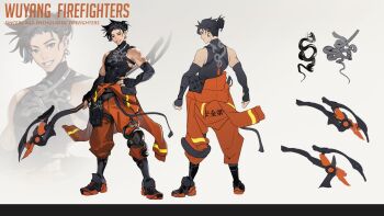 Rule 34 | 1boy, axe, bare shoulders, black armwear, black hair, black tank top, brown eyes, commentary, concept art, earrings, english commentary, fire axe, firefighter, hair bun, highres, holding, holding weapon, jewelry, large pectorals, male focus, multiple earrings, multiple views, muscular, muscular male, official alternate costume, official alternate hairstyle, orange pants, overwatch, pants, pectorals, pouch, reference sheet, snake print, solo, tank top, tool belt, topknot, turnaround, weapon, wuyang (overwatch), yiqi bai