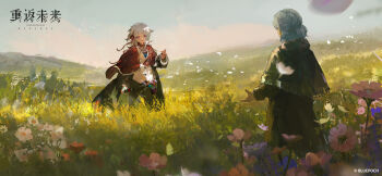 2girls :o black_coat black_dress black_pants blue_sky bug butterfly cloak coat copyright_name copyright_notice day dress facing_away flower flute from_behind grass green_cloak hand_up highres holding holding_flute holding_instrument insect instrument jacket logo looking_at_viewer medium_hair mother_and_daughter multiple_girls official_art official_wallpaper outdoors pants pink_flower quad_braids red_cloak red_eyes reverse:1999 rubuska sky standing white_hair white_jacket