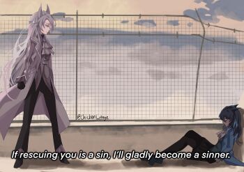 2girls absurdres animal_ears artist_name ascot brooch chickencringe cloud cloudy_sky cyan_(horse_race_tests) formal_clothes from_side full_body highres honkai_(series) honkai_impact_3rd horse_ears horse_race_tests jewelry long_hair looking_at_another multiple_girls on_floor on_wall outdoors pants scene_reference sky standing suit superstitional_realism white_hair