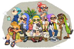 Rule 34 | 3boys, 4girls, :p, ^ ^, animal, ankle socks, arm support, artist name, asymmetrical hair, bandana, bare shoulders, between legs, black-framed eyewear, black footwear, black pants, blonde hair, blue bandana, blue eyes, blue hair, blue hoodie, blue pants, blue shirt, blush, book, bracelet, brown eyes, cat, closed eyes, closed mouth, collared shirt, colored tongue, commentary request, couch, cup, dark-skinned female, dark skin, drawstring, dress, dress shirt, drinking, drinking straw, drinking straw in mouth, eyewear on head, fangs, flip-flops, full body, glasses, green eyes, green hair, green jacket, green socks, grey eyes, grey footwear, grey shirt, grin, hair bun, hair tie, hanako515 ika, hand between legs, hand on own cheek, hand on own face, head rest, highres, holding, holding animal, holding book, holding cat, holding cup, holding removed eyewear, hood, hoodie, inkling, inkling boy, inkling girl, inkling player character, jacket, jewelry, judd (splatoon), juice box, li&#039;l judd (splatoon), long hair, long sleeves, looking at viewer, looking to the side, medium hair, mug, multicolored socks, multiple boys, multiple girls, nintendo, no socks, on couch, on floor, one eye closed, open clothes, open jacket, open mouth, orange eyes, orange hair, pants, pink eyes, pointy ears, ponytail, print shirt, purple dress, purple hair, purple tongue, pursed lips, red-framed eyewear, red-tinted eyewear, red footwear, red hair, red shirt, red tongue, sandals, shirt, shoes, short hair, shorts, sidelocks, sideways glance, sitting, skirt, smile, sneakers, socks, splatoon (series), standing, standing on one leg, striped clothes, striped shirt, sunglasses, tank top, tentacle hair, thick eyebrows, tinted eyewear, tongue, tongue out, twintails, two-tone shirt, unworn eyewear, very long hair, very short hair, watch, wavy hair, white-framed eyewear, white shirt, white shorts, white skirt, white socks, white tank top, wristwatch, yellow footwear, yellow tongue