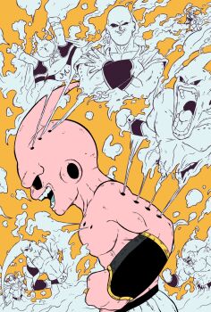 1boy antennae black_sclera colored_sclera colored_skin cowboy_shot dragon_ball dragonball_z evil_buu evolutionary_line fat_buu from_side highres kid_buu majin_buu no_eyebrows onigiri_debu orange_background pants pink_skin profile red_eyes solo steam super_buu topless_male white_pants