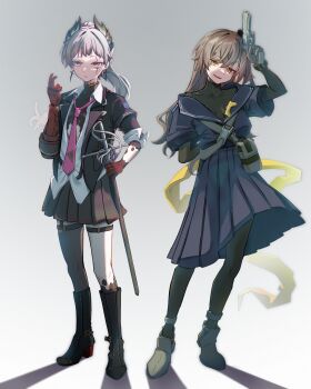 Rule 34 | 2girls, absurdres, arknights, brown hair, commentary request, cosplay, costume switch, cross, cross earrings, crossover, earrings, flat chest, girls' frontline, girls' frontline 2: exilium, gun, handgun, highres, irene (arknights), irene (arknights) (cosplay), irene (the adjudicatrix and her resolve) (arknights), jewelry, leva (girls' frontline 2), lotan, multiple girls, necktie, scar, scar across eye, scar on face, skirt, sword, trait connection, ump45 (girls' frontline), ump45 (girls' frontline) (cosplay), weapon, white hair