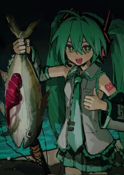 Rule 34 | 1girl, animal, bass (fish), black skirt, cowboy shot, dead animal, detached sleeves, fish, green hair, grey shirt, hashtag-only commentary, hatsune miku, highres, holding, holding animal, holding fish, long hair, long sleeves, looking at viewer, miniskirt, open mouth, shirt, skirt, sleeveless, sleeveless shirt, smile, solo, standing, thumbs up, twintails, very long hair, vocaloid, yuuri (0914yuuri k)