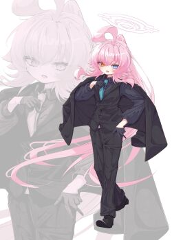 1girl absurdres ahoge black_gloves black_shirt black_suit black_vest blue_archive blue_necktie commentary_request formal_clothes full_body gloves half_gloves halo heterochromia highres hoshino_(blue_archive) huge_ahoge jacket jacket_on_shoulders long_hair necktie pink_hair pink_halo ponytail qwamatono999 shirt solo suit vest white_background zoom_layer