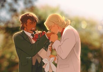 2boys aakipple arm_up barnaby_brooks_jr. black_jacket black_necktie black_pants blonde_hair blurry blurry_background bouquet brown_vest closed_eyes collared_shirt commentary couple facial_hair flower formal_clothes goatee grin highres holding holding_bouquet holding_hands jacket kaburagi_t._kotetsu kiss kissing_hand layered_sleeves long_sleeves male_focus medium_hair multiple_boys necktie open_clothes open_jacket outdoors pants red_flower red_rose red_shirt rose shirt smile suit_jacket symbol-only_commentary tiger_&amp;_bunny upper_body vest white_jacket white_shirt wing_collar yaoi