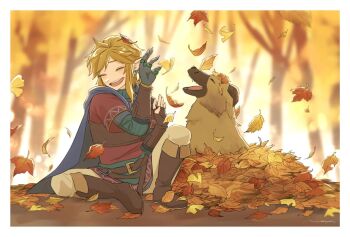 1boy autumn_leaves black_boots blonde_hair blurry blurry_background boots border closed_eyes dog earrings falling_leaves jewelry laughing leaf leaf_pile link male_focus maya_(mayamayammy) medium_hair nintendo open_mouth pants pointy_ears red_tunic sidelocks sitting smile the_legend_of_zelda the_legend_of_zelda:_tears_of_the_kingdom tunic vambraces white_border white_pants