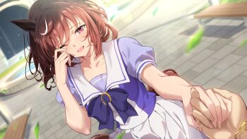 1girl animal_ears blurry blurry_background breasts brown_hair buena_vista_(umamusume) commentary_request crying crying_with_eyes_open hair_between_eyes hair_ornament happy_tears highres holding_hands horse_ears horse_girl kagari_liroi looking_at_viewer pov pov_hands school_uniform smile solo tears tracen_school_uniform umamusume