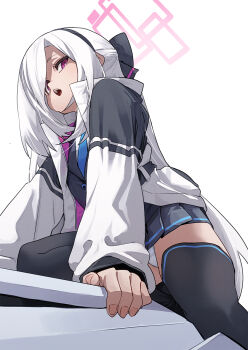 1girl black_jacket black_skirt black_thighhighs black_vest blue_archive breasts collared_shirt commentary fu-ta hair_between_eyes hairband halo highres jacket kei_(blue_archive) kei_(student)_(blue_archive) long_hair long_sleeves looking_at_viewer multicolored_jacket necktie open_clothes open_jacket open_mouth panties pantyshot pleated_skirt red_eyes shirt sidelocks skirt small_breasts solo thighhighs thighs two-tone_jacket underwear very_long_hair vest white_hair white_jacket white_panties white_shirt