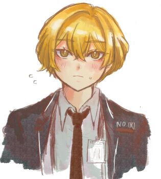 Rule 34 | 1boy, black jacket, black necktie, blonde hair, blush, breast pocket, closed mouth, collared shirt, commentary request, cropped torso, dress shirt, eyelashes, flying sweatdrops, highres, id card, jacket, lapels, limbus company, looking at viewer, male focus, necktie, open clothes, open jacket, pocket, portrait, project moon, shirt, short hair, sinclair (project moon), solo, suit jacket, sweatdrop, tsurime, undershirt, white background, wing collar, yellow eyes, yz g