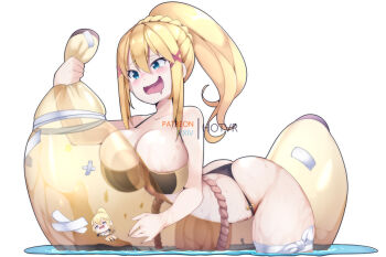 1girl arched_back artist_name ass bandaid bare_shoulders bikini black_bikini blonde_hair blue_eyes blush braid breast_press breasts cleavage cowboy_shot cowgirl_position curvy darkness_(konosuba) drooling english_text floating floating_object food fruit hair_between_eyes hair_ornament hot_vr inflatable_toy kono_subarashii_sekai_ni_shukufuku_wo! large_breasts long_hair naughty_face o-ring open_mouth patreon_username pixiv_username riding see-through_clothes simple_background smile solo spread_legs squeezing straddling swimsuit thick_thighs thighs transparent water wet white_background