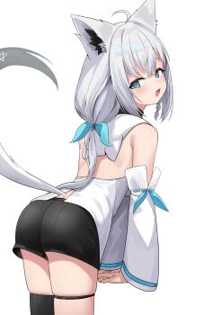 1girl :d absurdres ahoge animal_ears ass asymmetrical_legwear bent_over black_shorts black_thighhighs braid detached_sleeves fox_ears fox_girl fox_tail highres hololive hood hood_down hoodie kumarang leaning_forward long_hair looking_at_viewer looking_back mismatched_legwear open_mouth own_hands_together ribbon-trimmed_sleeves ribbon_trim shirakami_fubuki short_shorts shorts sidelocks simple_background single_thighhigh smile solo tail thigh_strap thighhighs virtual_youtuber white_background white_hair white_hoodie white_sleeves