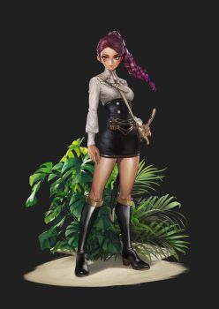 1girl ascot belt_buckle black_background black_boots black_skirt boots braid braided_ponytail breasts buckle buttons commentary daniel_deng dark-skinned_female dark_skin english_commentary facial_mark fire_emblem fire_emblem:_three_houses full_body garreg_mach_monastery_uniform hand_on_hilt high-waist_skirt high_collar high_ponytail highres knee_boots long_hair long_sleeves miniskirt nintendo petra_macneary plant ponytail purple_hair sheath sheathed shirt sideways_glance simple_background skirt small_breasts solo standing strap sword tattoo thighs weapon white_shirt yellow_eyes