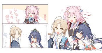 1boy 2girls ? bell belt black_dress black_gloves blue_belt blue_eyes breasts camera chinese_clothes commentary_request cropped_jacket dress fingerless_gloves flower gloves hair_flower hair_ornament high_belt highres holding holding_camera honkai:_star_rail honkai_(series) jacket jingle_bell mandarin_collar march_7th_(honkai:_star_rail) march_7th_(hunt)_(honkai:_star_rail) medium_breasts multicolored_eyes multiple_girls official_alternate_costume official_alternate_hairstyle one_eye_closed open_mouth pink_eyes red_jacket shuangyaji sketch smile translation_request twitter_username two-tone_eyes underbust uwasewau yanqing_(honkai:_star_rail) yunli_(honkai:_star_rail)