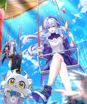 1boy 1girl absurdres alternate_costume amusement_park ankle_socks aqua_eyes bare_shoulders black_jacket black_pants blue_sky borrowed_accessory breasts brother_and_sister chimera_(honkai:_star_rail) cleavage cleavage_cutout clothing_cutout colored_shoe_soles commentary crossed_legs day english_commentary floating_hair grey_hair hair_between_eyes halo halo_behind_head hat head_wings high_heels highres honkai:_star_rail honkai_(series) jacket jewel_under_eye light_rays long_hair looking_at_viewer medium_breasts multicolored_shoes no_halo off_shoulder open_clothes open_jacket open_mouth outdoors pants purple_hair purple_hat purple_jacket purple_skirt robin_(honkai:_star_rail) shirt shoes siblings sitting skirt sky smile socks sunday_(honkai:_star_rail) teeth turtleneck turtleneck_shirt two-tone_shoes upper_teeth_only white_shirt white_socks white_wings whyte_srsn wings yellow_eyes