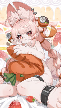 1girl absurdres animal_ear_fluff animal_ear_piercing animal_ears braid chinese_commentary commentary_request food fruit furry furry_female highres hugging_object long_hair looking_at_viewer pillow pink_fur pink_hair rabbit_ears rabbit_girl red_eyes rx-c solo strawberry thick_eyebrows twin_braids zenless_zone_zero zhao_(zenless_zone_zero)