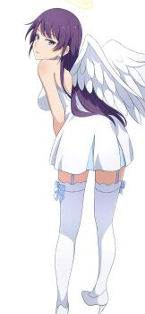 Rule 34 | 1girl, absurdres, alternate costume, angel wings, armpit crease, bare shoulders, blue eyes, breasts, commentary request, dress, eyelashes, feathered wings, full body, garter straps, halo, high heels, highres, large breasts, leaning forward, legs, long hair, looking at viewer, looking back, monogatari (series), na-suke, purple hair, senjougahara hitagi, shadow, shoes, short dress, simple background, solo, stiletto heels, thighhighs, very long hair, white background, white dress, white shoes, white thighhighs, wings