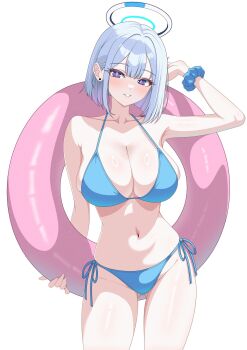 1girl bare_shoulders bikini blue_archive blue_bikini blunt_bangs blush bob_cut breasts cleavage collarbone commentary ear_piercing english_commentary grey_hair groin halo hazaky highres holding holding_swim_ring innertube large_breasts looking_at_viewer mechanical_halo navel noa_(blue_archive) piercing purple_eyes scrunchie short_hair solo swim_ring swimsuit thighs white_halo wrist_scrunchie