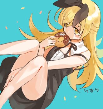 1girl absurdres bare_arms black_bow black_dress black_ribbon blonde_hair blush_stickers bow center_frills choco_fashion chocolate-covered_food chocolate_donut detached_collar donut dot_nose dress expressionless feet_out_of_frame flat_chest flipped_hair food food_in_mouth frills from_above from_side green_background hair_between_eyes hair_bow hair_flaps hand_on_own_leg hand_to_own_mouth highres knees_up long_hair looking_at_viewer lying monogatari_(series) neck_ribbon old-fashioned_donut on_back oshino_shinobu ribbon ringed_eyes riori9268 shadow simple_background solo strap_slip sundress swept_bangs very_long_hair yellow_eyes