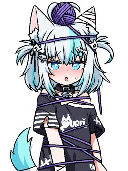 1girl ahoge animal_ears blue_eyes blue_hair blush cat_ears cat_girl cat_tail collar commission hashtag-only_commentary indie_virtual_youtuber ink_(inksgirls) multicolored_hair nani_(vtuber) open_mouth shirt short_hair t-shirt tail two-tone_hair two_side_up vgen_commission virtual_youtuber white_hair yarn yarn_ball