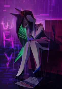 1girl 8chan arms_behind_head artist_request borrowed_inset colored_inner_hair crying cubism despair drawfag dress english_text full_body furry furry_female glitch green_hair high_heels horns knees_together_feet_apart leaning_forward libbie_the_spirit_oryx libreoffice long_hair low_poly mascot multicolored_hair office_lady official_art_inset original oryx outdoors purple_theme rain reference_inset second-party_source signature sitting solo spirit_animals_in_disguise spot_color very_long_hair