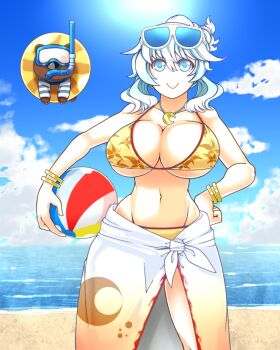 1girl artemis_(fate) ball bare_shoulders beach beachball bikini blue_eyes blush bracelet breasts cleavage diving_mask eyewear_on_head fate/grand_order fate_(series) goggles innertube jewelry large_breasts long_hair looking_at_viewer necklace orion_(bear)_(fate) sarong sidelocks sunglasses swim_ring swimsuit thighs white_hair yellow_bikini yoroi_kabuto