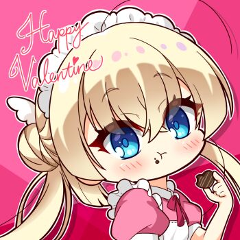 Rule 34 | 1girl, :t, ahoge, alternate costume, aoniku yaris, apron, blonde hair, blue eyes, blush, candy, chibi, chibi only, chocolate, chocolate heart, closed mouth, commentary request, crossed bangs, dress, eating, enmaided, eyelashes, eyes visible through hair, food, food on face, frilled apron, frills, hair between eyes, hair bun, hair ornament, hand up, happy valentine, heart, heart-shaped food, holding, holding chocolate, holding food, long hair, looking at viewer, maid, maid apron, maid headdress, outline, pink background, pink dress, puffy short sleeves, puffy sleeves, shirayuki noa, short sleeves, simple background, solo, tenshi souzou re-boot!, twintails, upper body, valentine, white apron, white outline, wing hair ornament